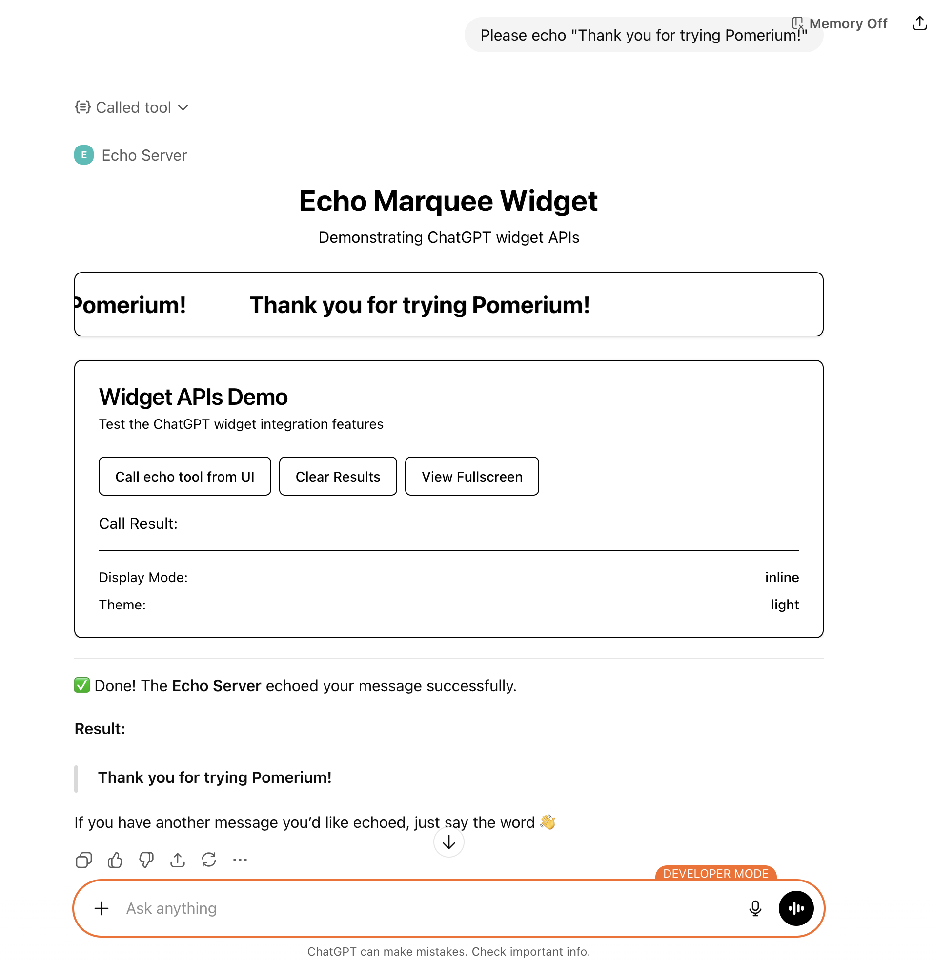 A screenshot of ChatGPT showing an Echo Marquee Widget that say "Thank you for trying Pomerium!"
